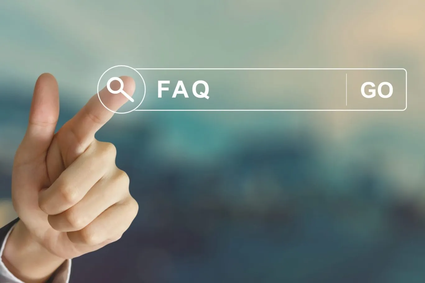 Fingers pointing towards a touch screen to search for 'FAQ'