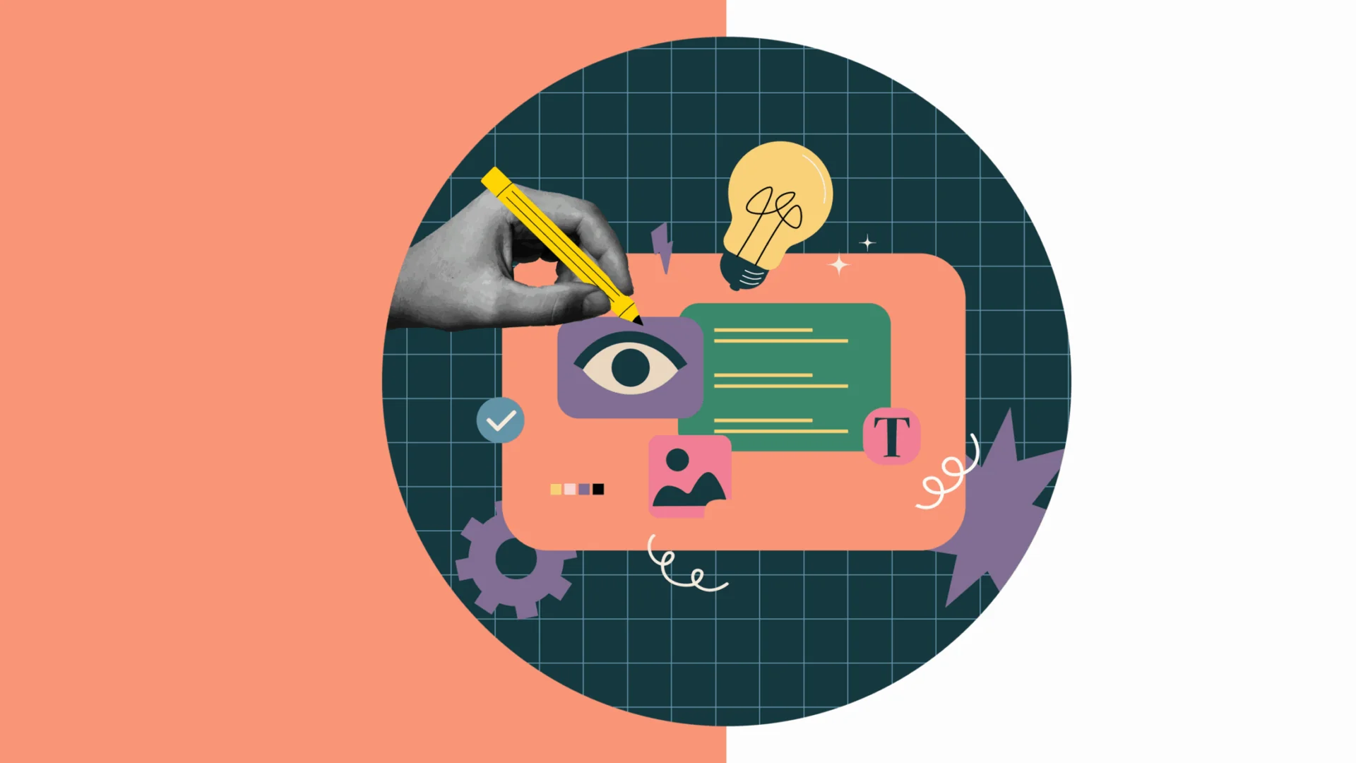 Illustration showing hand designing SEO‑friendly landing page with icons, text, and creative elements on grid background