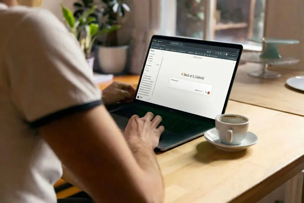 Woman using Claude to research hotel options on a laptop.