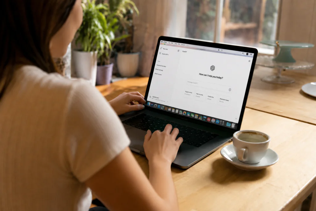 Woman using ChatGPT to research hotel options on a laptop.