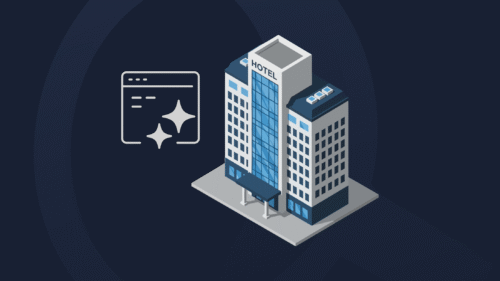 Illustration of a hotel beside a browser window with AI symbols, representing hotel visibility in AI search.