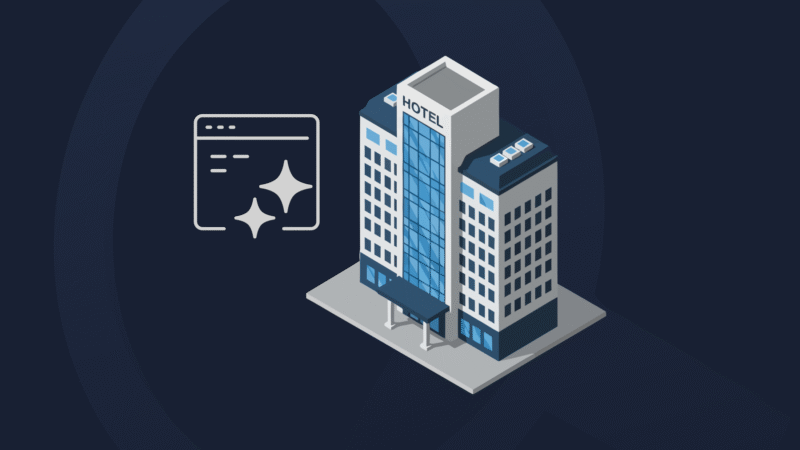 Illustration of a hotel beside a browser window with AI symbols, representing hotel visibility in AI search.