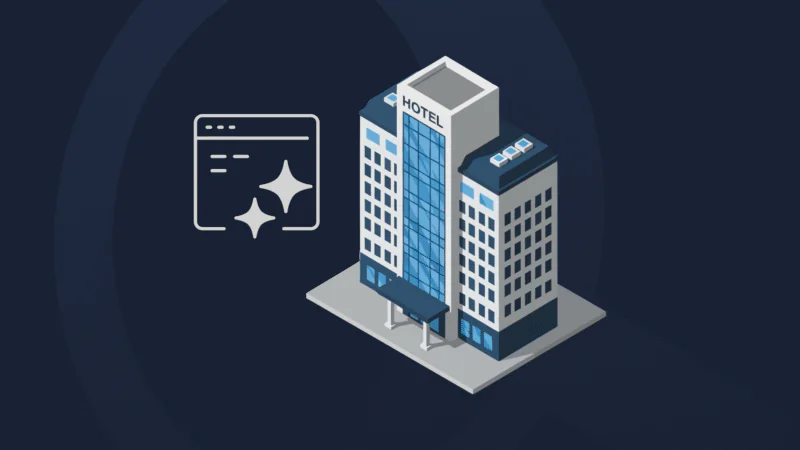 Illustration of a hotel beside a browser window with AI symbols, representing hotel visibility in AI search.